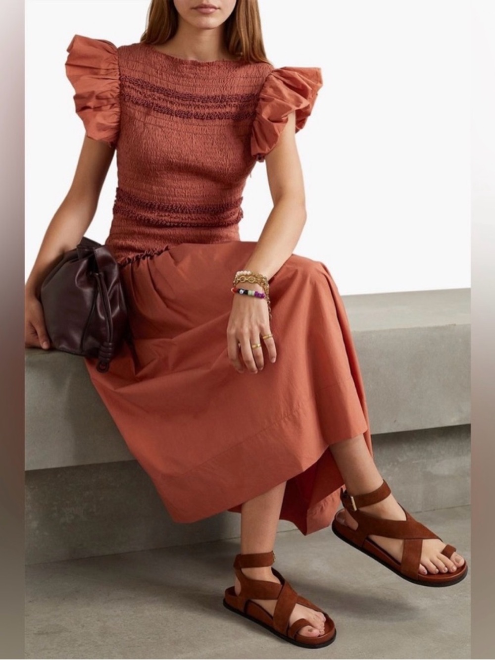 Ulla Johnson Rust Smocked midi cotton  boho Dress